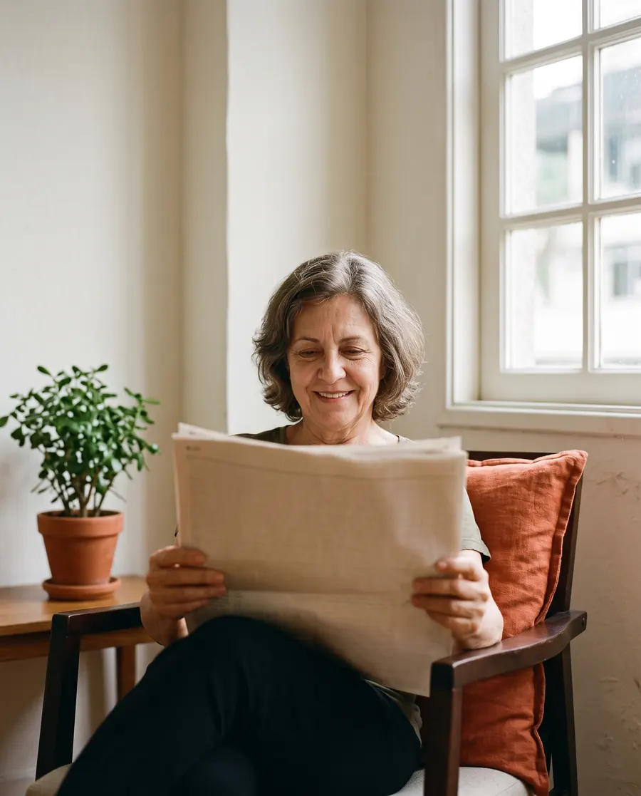 Senhora lendo o jornal perto da janela